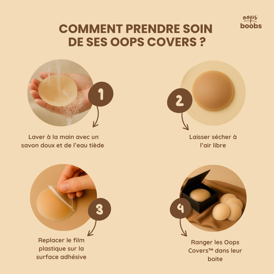 Instructions d’entretien des cache-tétons Oops Covers™ – quatre étapes illustrées : lavage à la main, séchage à l’air libre, repositionnement du film protecteur, rangement dans la boîte fournie.
