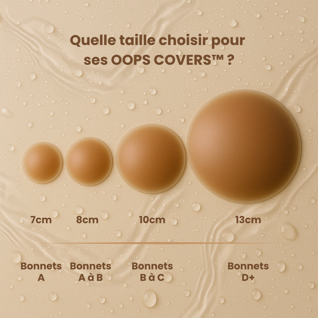 Guide des tailles Oops Covers™ – comparatif visuel des diamètres (7 cm à 13 cm) pour choisir la taille adaptée à sa poitrine, du bonnet A au bonnet D+, sur fond beige texturé.