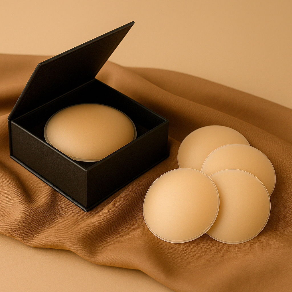 Pack de 3 paires de cache-tétons Oops Covers™ coloris crème, avec boîte de rangement noire, posés sur un tissu marron.