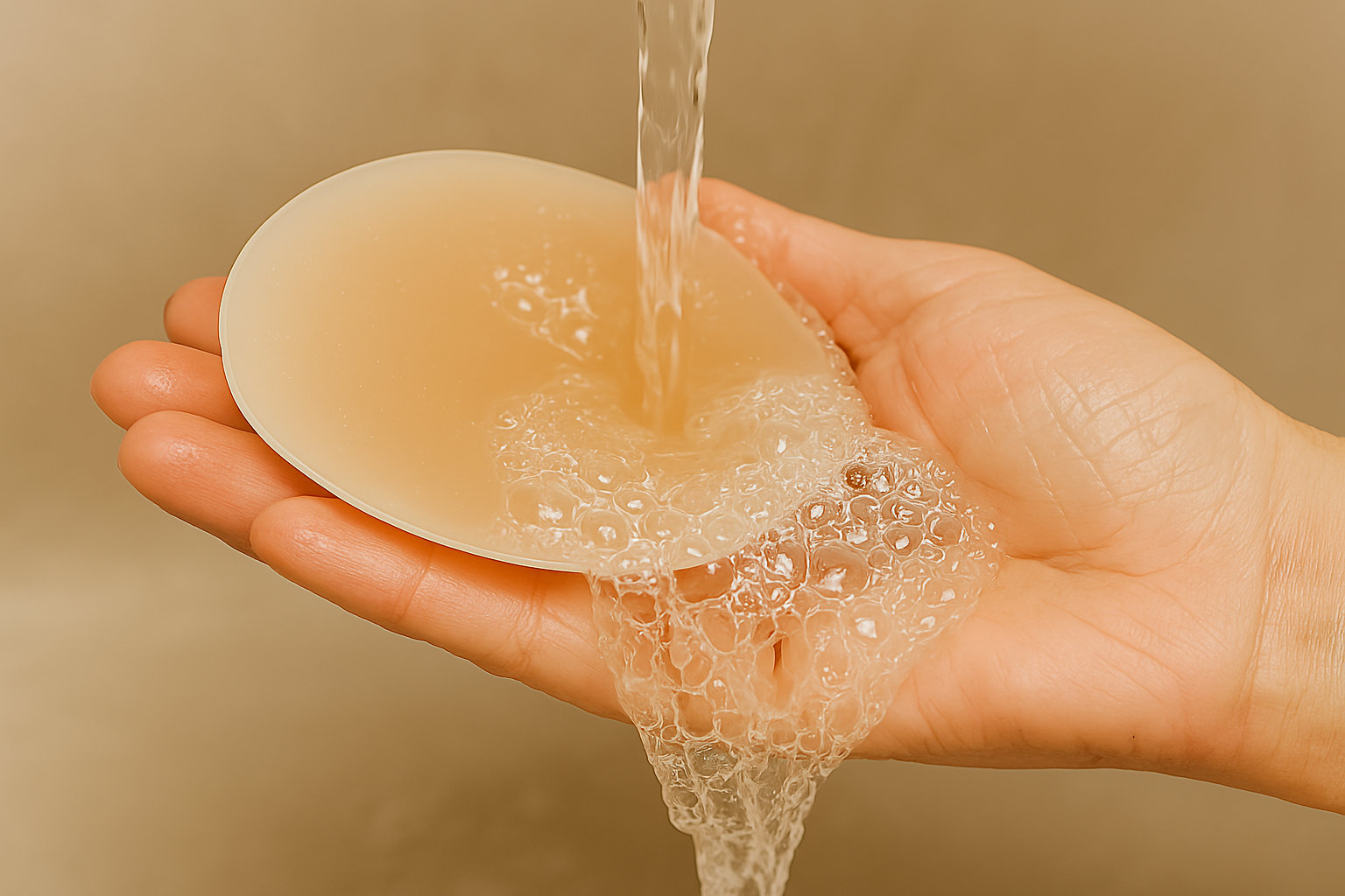 Nettoyage d’un cache-téton en silicone Oops Boobs sous l’eau avec du savon, accessoire réutilisable et lavable pour tenue sans soutien-gorge