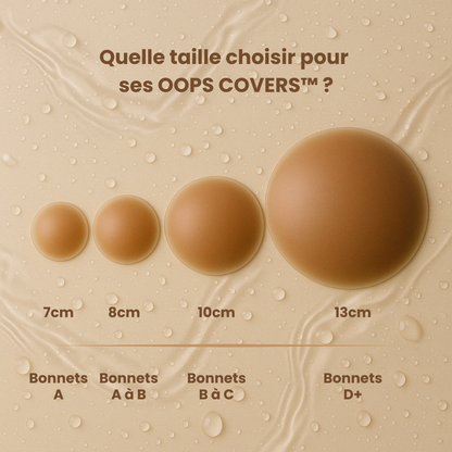 Guide des tailles Oops Covers™ – comparatif visuel des diamètres (7 cm à 13 cm) pour choisir la taille adaptée à sa poitrine, du bonnet A au bonnet D+, sur fond beige texturé.